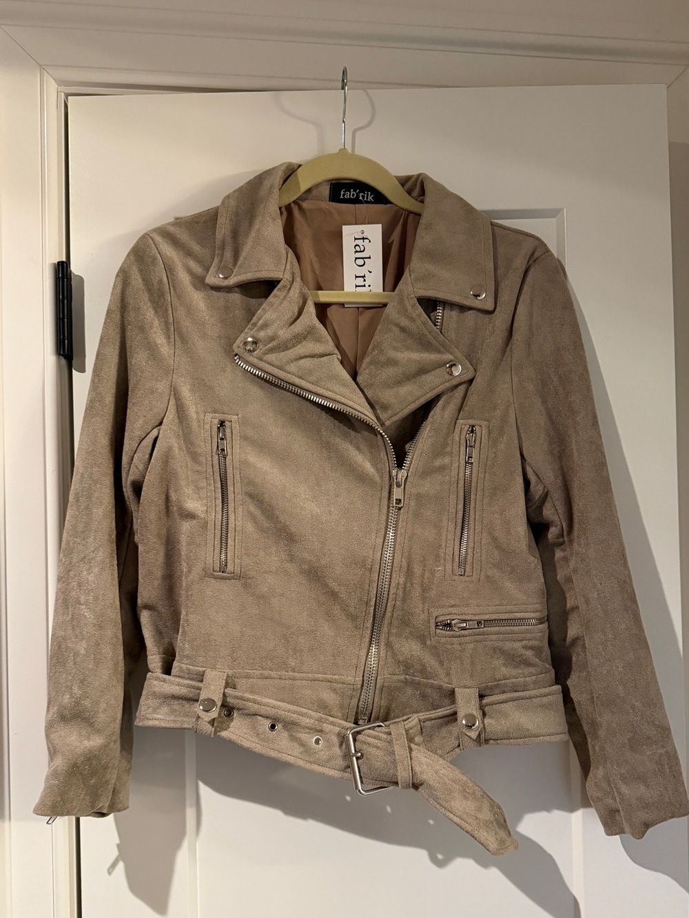 fab'rik Taupe Suede Belted Moto Jacket